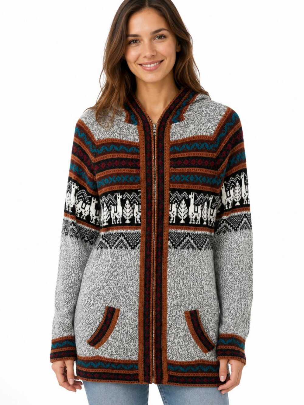 Vintage Alpaca Llama Pattern Full Zip Hooded Knit Sweater Jacket